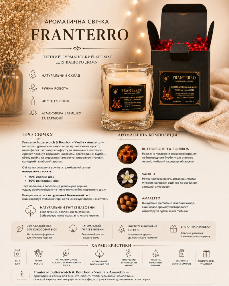 Ароматична свічка Franterro Butterscotch & Bourbon, Vanilla, Amaretto 200 г (FRN-1041)
