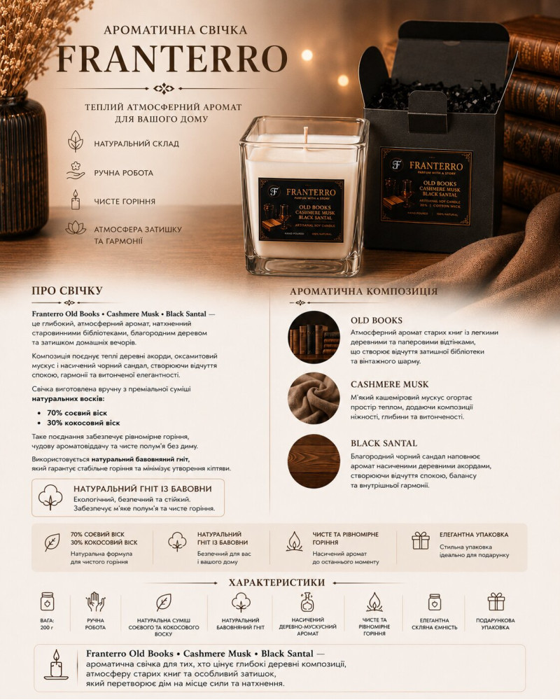 Ароматична свічка Franterro Old Books, Cashmere Musk, Black Santal 200 г (FRN-1042)