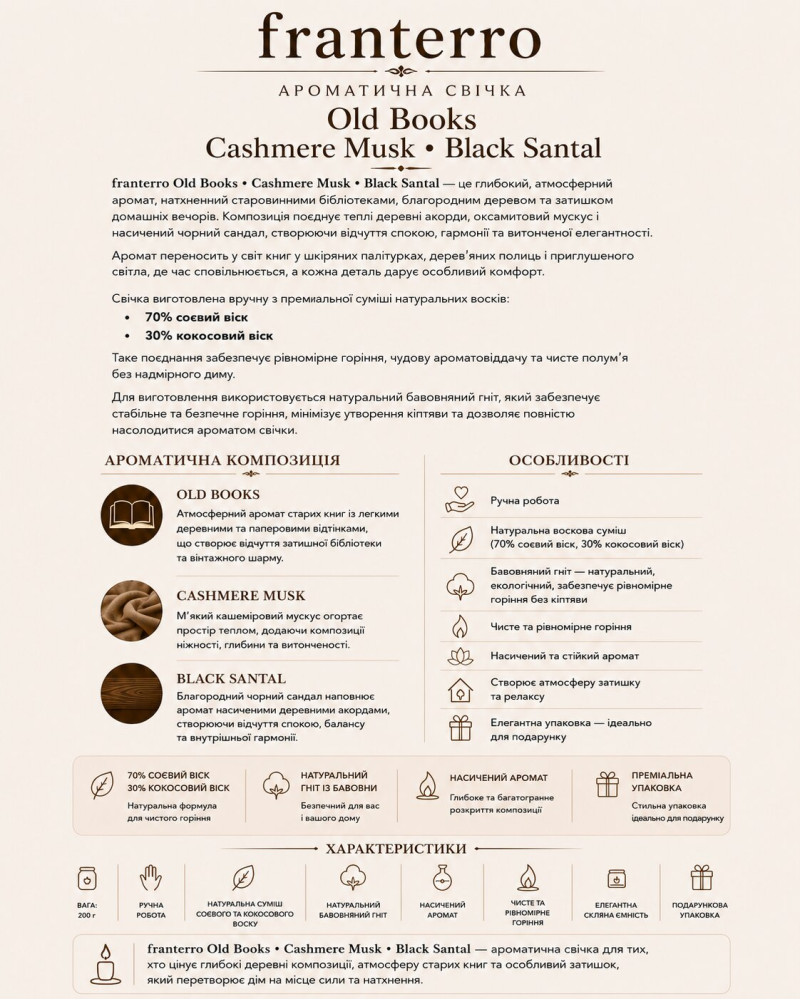 Ароматична свічка Franterro Old Books, Cashmere Musk, Black Santal 200 г (FRN-1042)